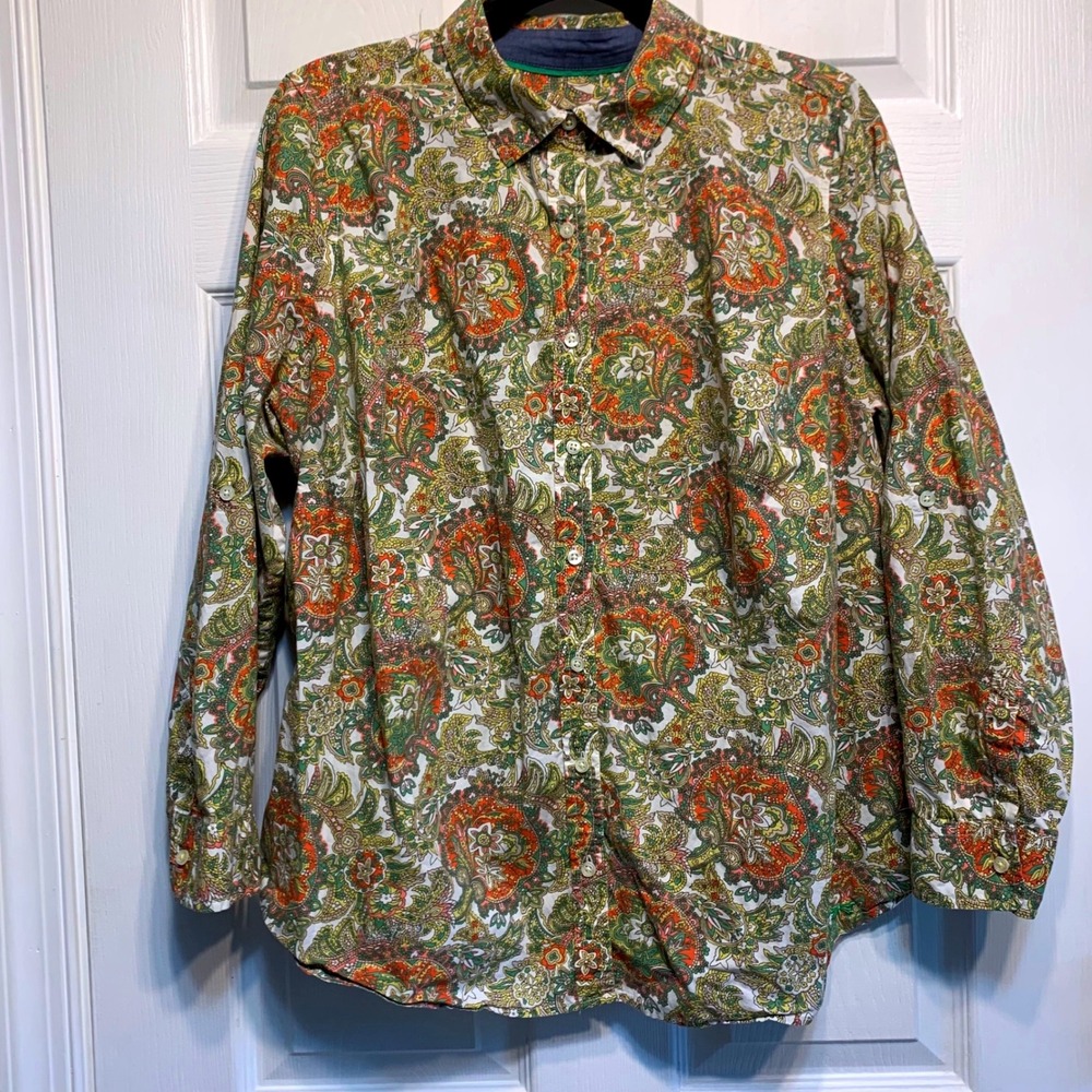 Talbots Paisley Button Down Shirt 16WP Cotton Roll Tab Sleeve Boho Cottagecore